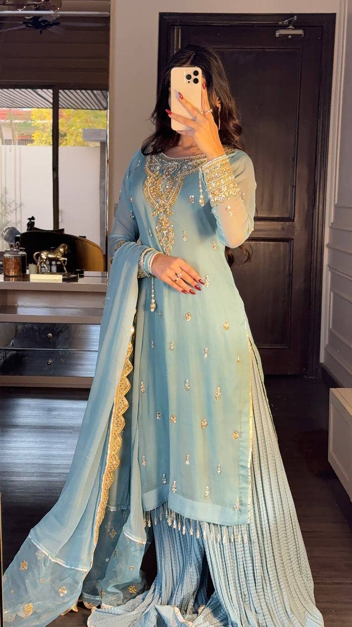 Elegant Sky Blue Embroidered Chiffon Pakistani Suit with Sharara Pants & Dupatta KFS-5253