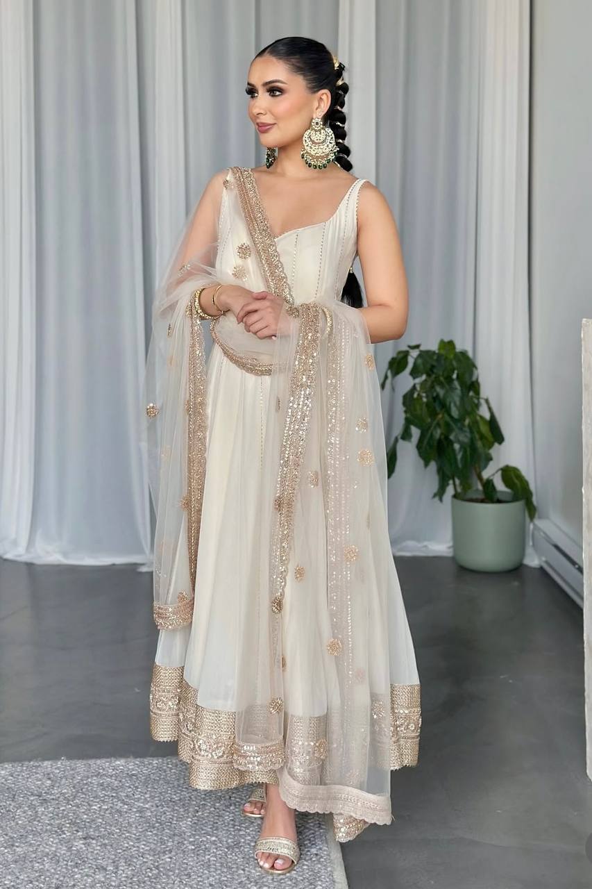 Ivory Sleeveless Anarkali Gown with Net Dupatta – Elegant Sequin Border Work Ethnic Dress for Weddings & Festive Events KFW-1179