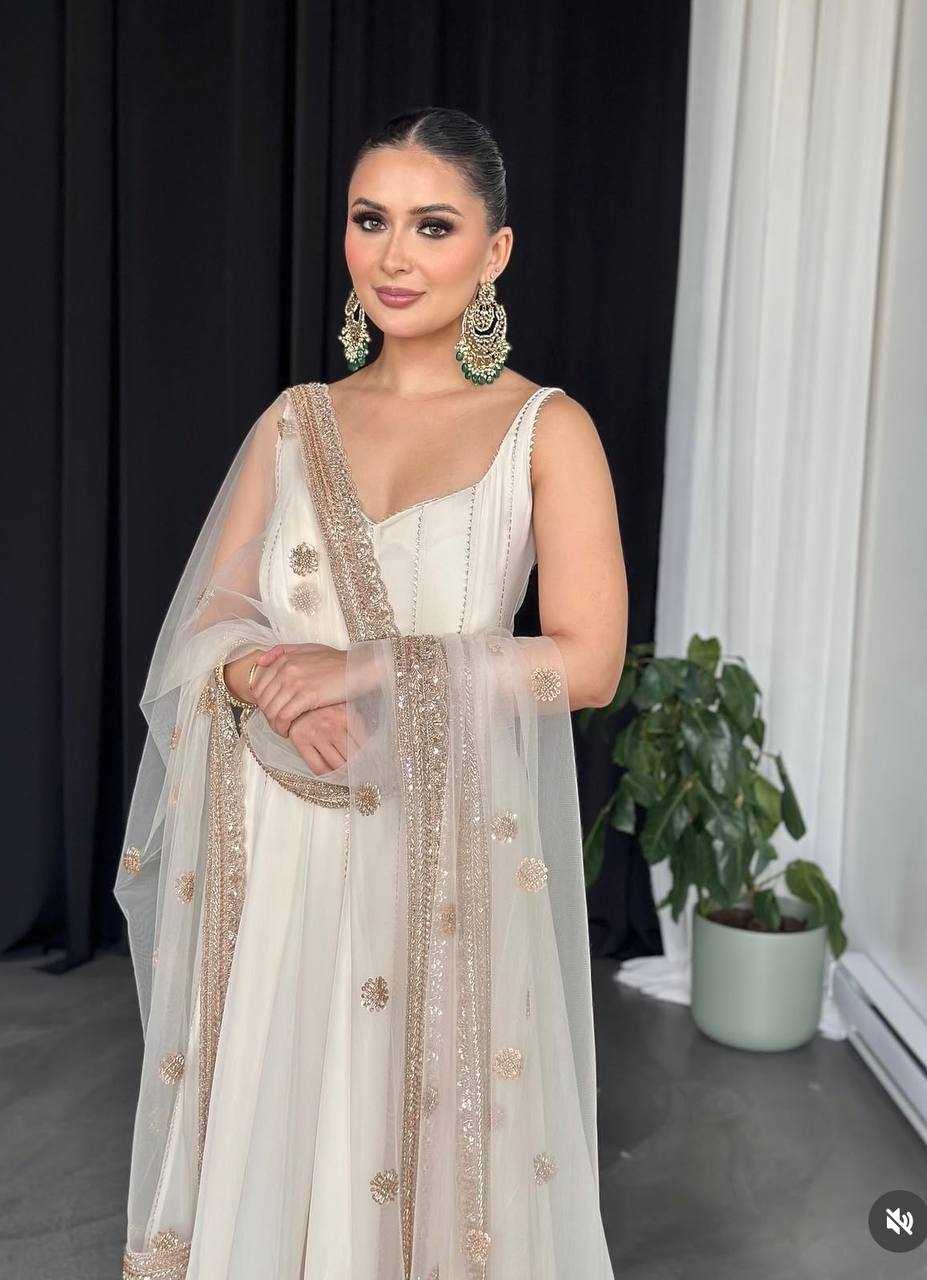 Ivory Sleeveless Anarkali Gown with Net Dupatta – Elegant Sequin Border Work Ethnic Dress for Weddings & Festive Events KFW-1179