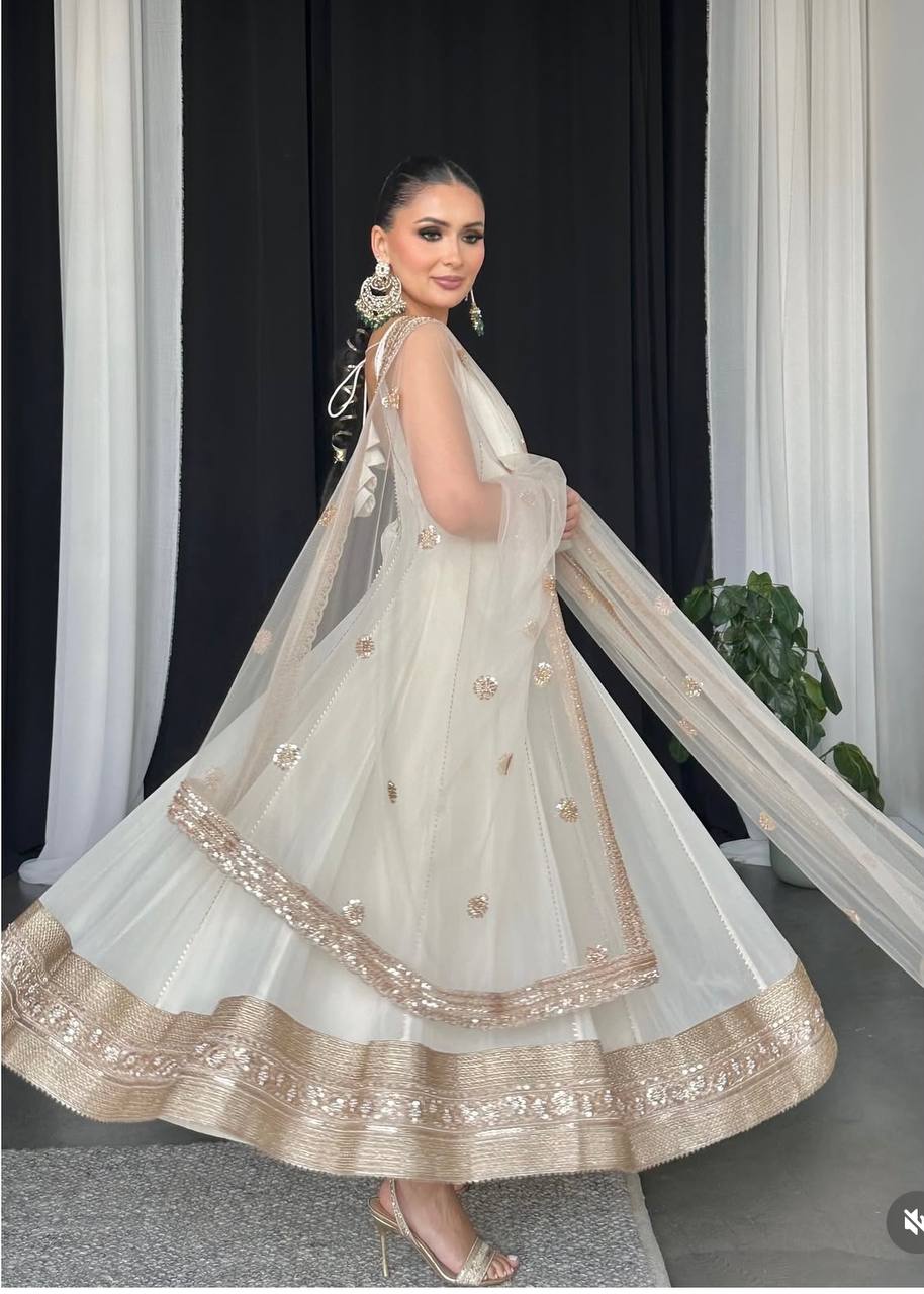 Ivory Sleeveless Anarkali Gown with Net Dupatta – Elegant Sequin Border Work Ethnic Dress for Weddings & Festive Events KFW-1179