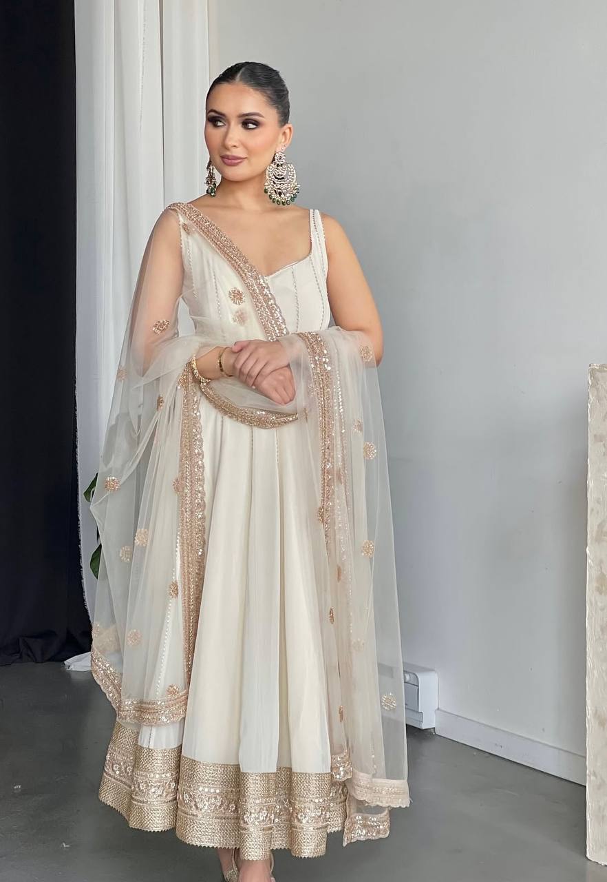 Ivory Sleeveless Anarkali Gown with Net Dupatta – Elegant Sequin Border Work Ethnic Dress for Weddings & Festive Events KFW-1179
