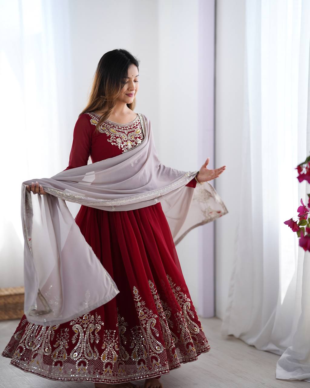 Maroon Anarkali Gown with Heavy Embroidery and Net Dupatta KFZ-5008