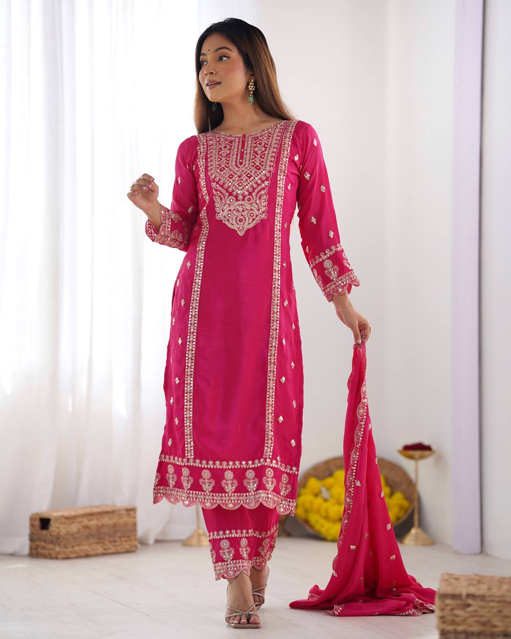 Elegant Hot Pink Chinnon Silk Suit Set with Heavy Embroidery & Dupatta KFZ-5001