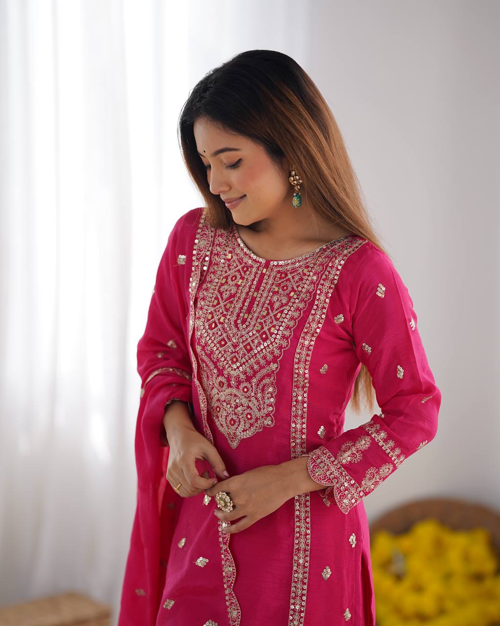 Elegant Hot Pink Chinnon Silk Suit Set with Heavy Embroidery & Dupatta KFZ-5001