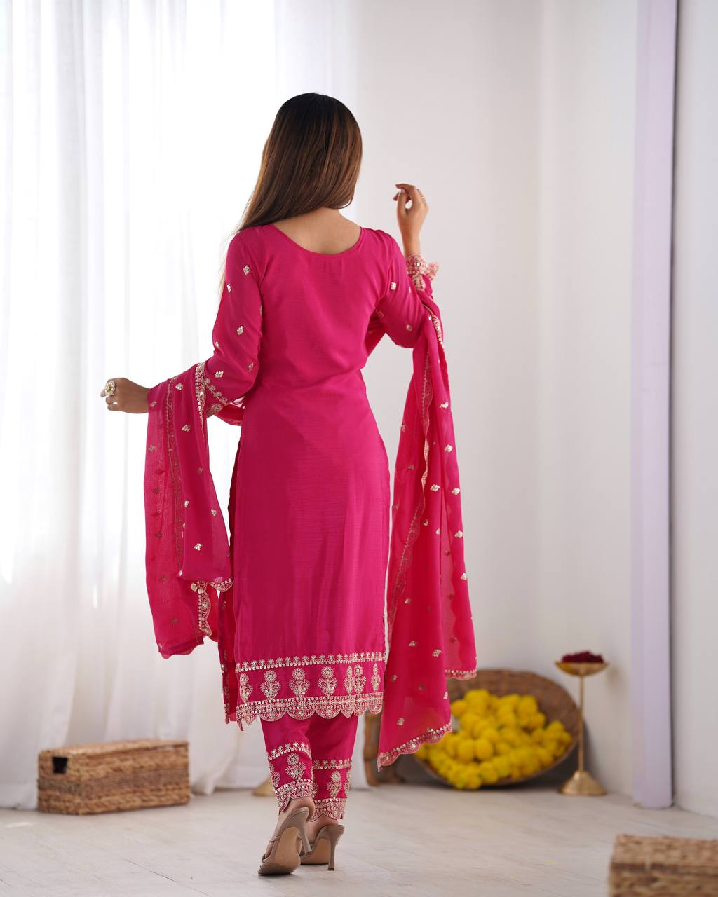 Elegant Hot Pink Chinnon Silk Suit Set with Heavy Embroidery & Dupatta KFZ-5001