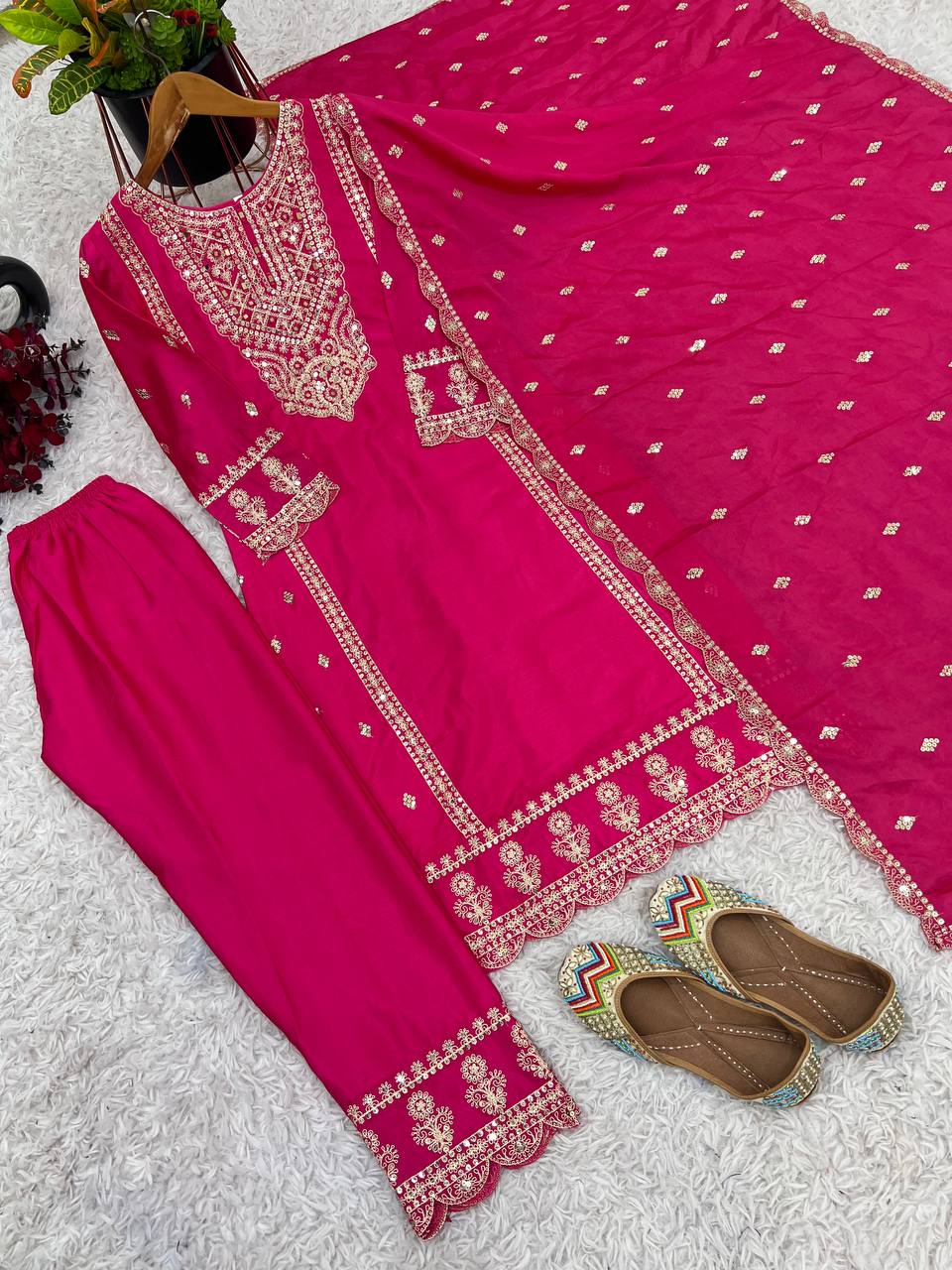 Elegant Hot Pink Chinnon Silk Suit Set with Heavy Embroidery & Dupatta KFZ-5001