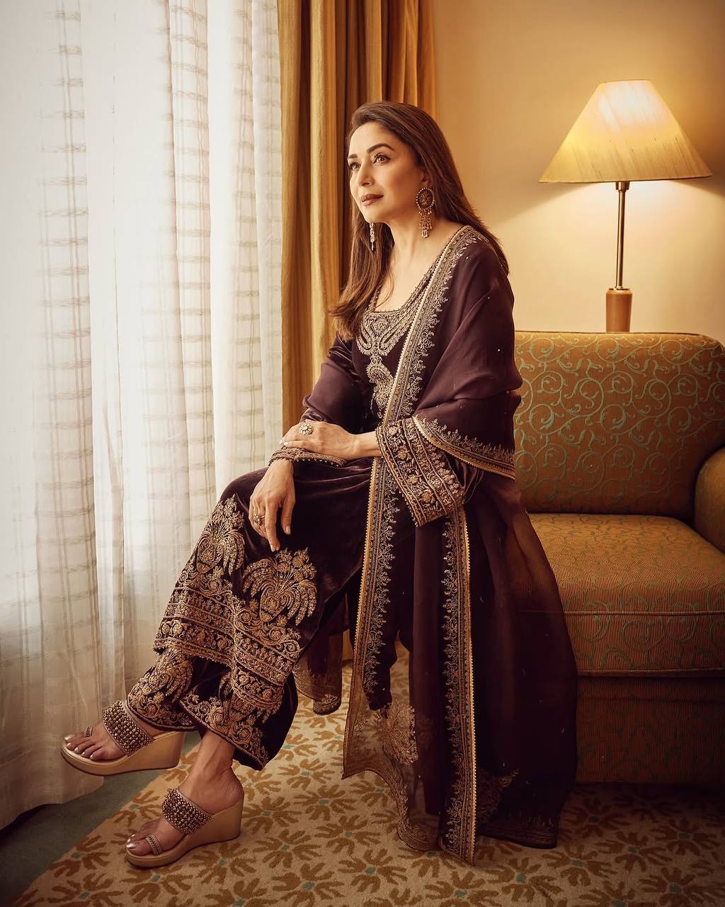 Elegant Maroon Chinon Silk Suit with Heavy Golden Embroidery KFS-508