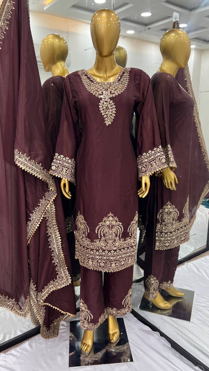 Elegant Maroon Chinon Silk Suit with Heavy Golden Embroidery KFS-508