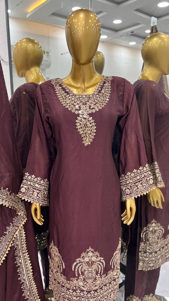 Elegant Maroon Chinon Silk Suit with Heavy Golden Embroidery KFS-508