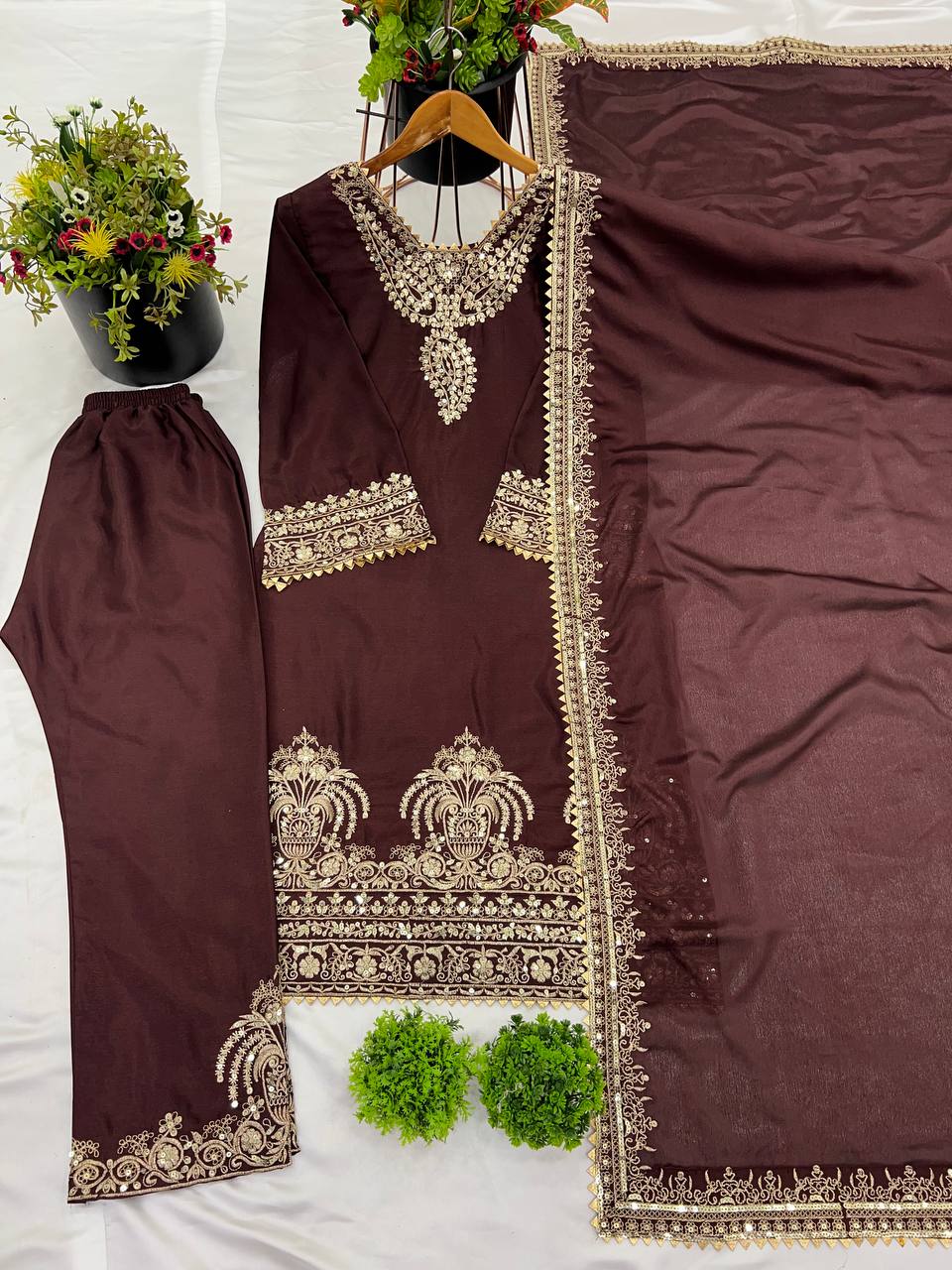 Elegant Maroon Chinon Silk Suit with Heavy Golden Embroidery KFS-508