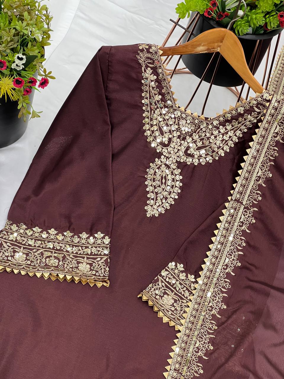 Elegant Maroon Chinon Silk Suit with Heavy Golden Embroidery KFS-508