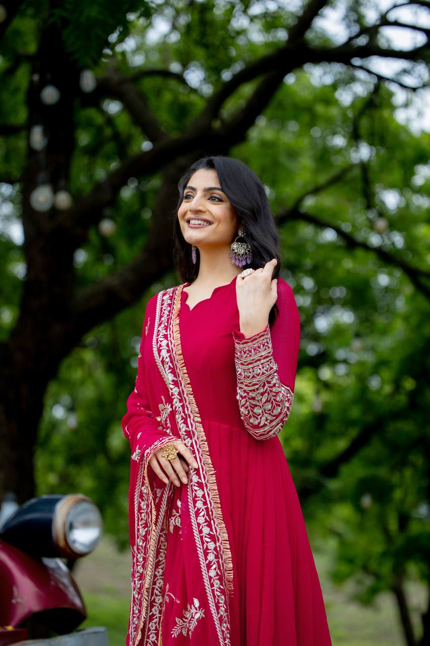 Designer Faux Georgette Embroidered Gown Set KFS-1634