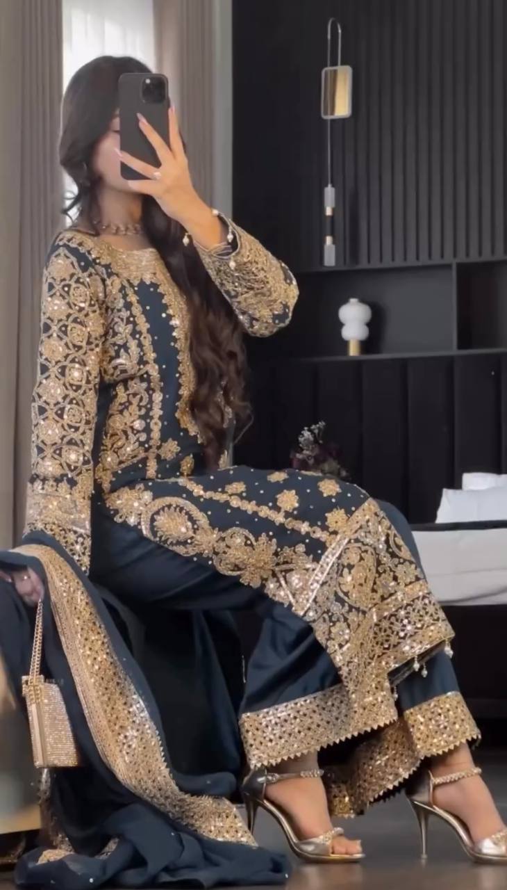 Heavy Embroidered Faux Georgette Kurti Plazzo Dupatta Set KFS-1654