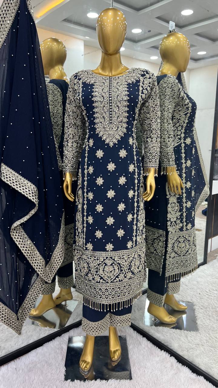 Heavy Embroidered Faux Georgette Kurti Plazzo Dupatta Set KFS-1654