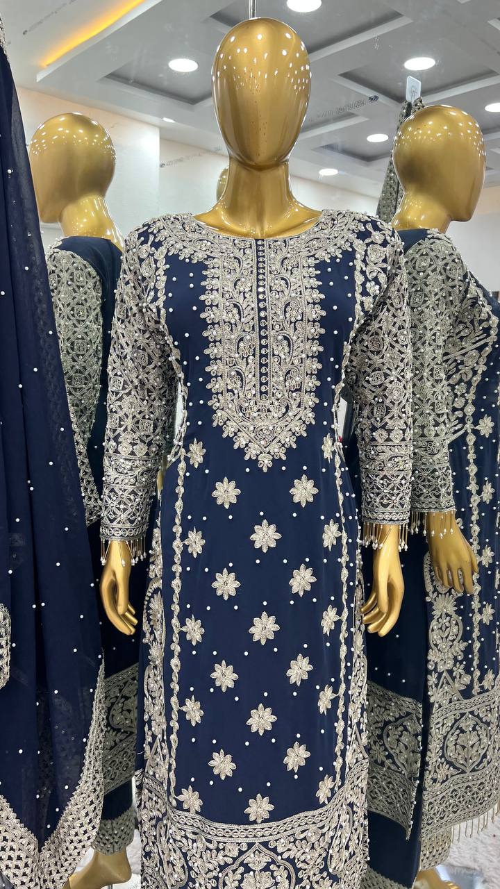 Heavy Embroidered Faux Georgette Kurti Plazzo Dupatta Set KFS-1654