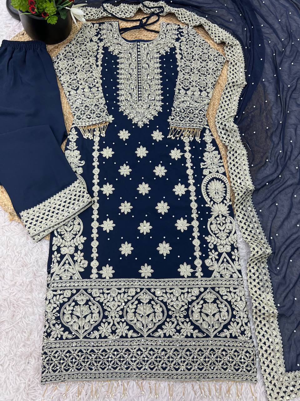 Heavy Embroidered Faux Georgette Kurti Plazzo Dupatta Set KFS-1654