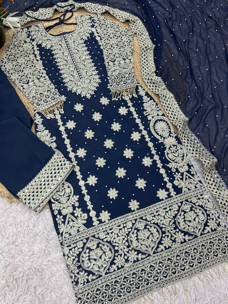 Heavy Embroidered Faux Georgette Kurti Plazzo Dupatta Set KFS-1654