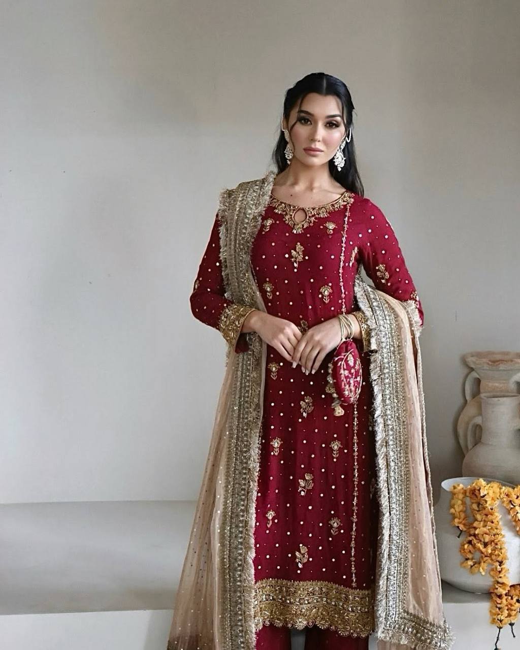 Designer Embroidered Suit Set for Women with Net Dupatta & Potli KFSR-1665