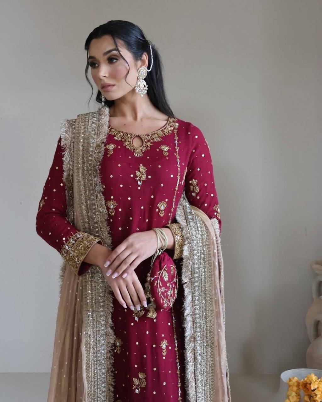 Designer Embroidered Suit Set for Women with Net Dupatta & Potli KFSR-1665