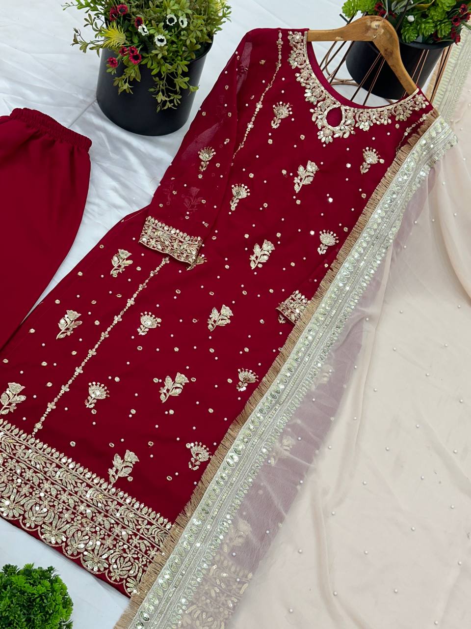 Designer Embroidered Suit Set for Women with Net Dupatta & Potli KFSR-1665