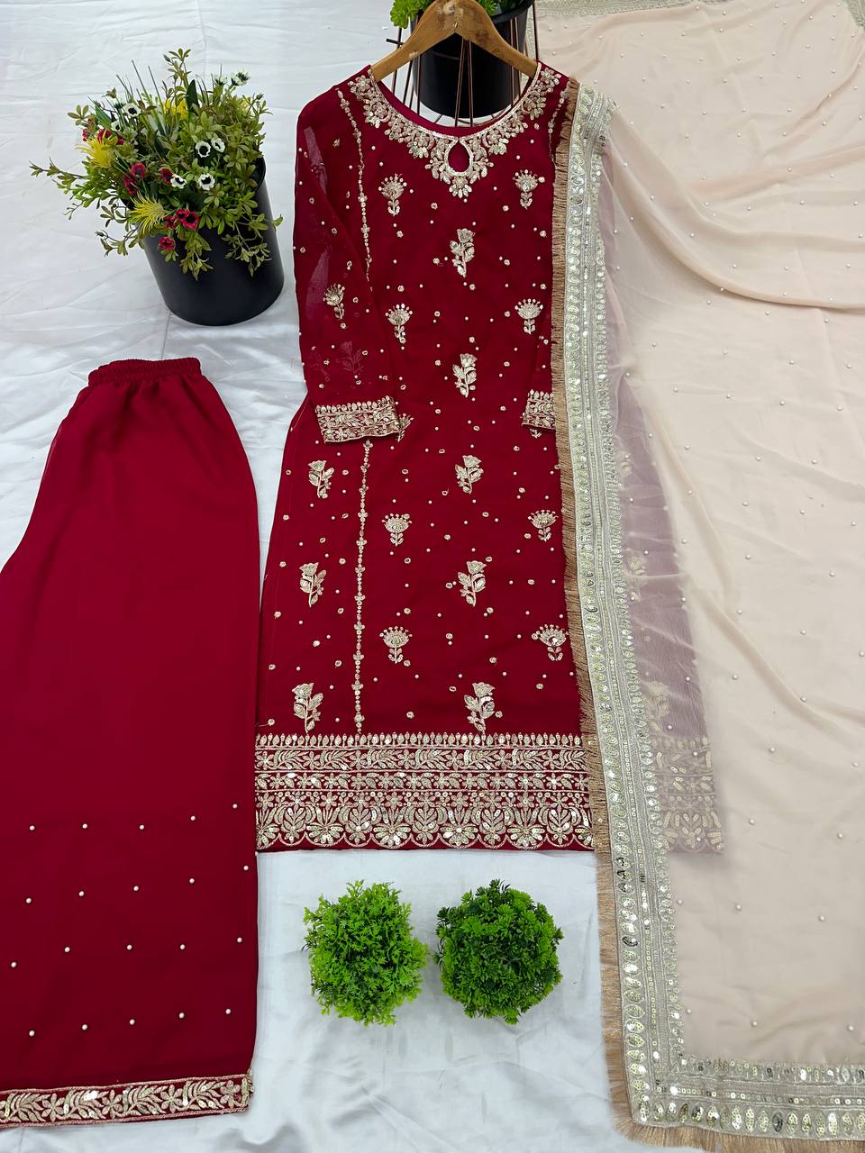 Designer Embroidered Suit Set for Women with Net Dupatta & Potli KFSR-1665