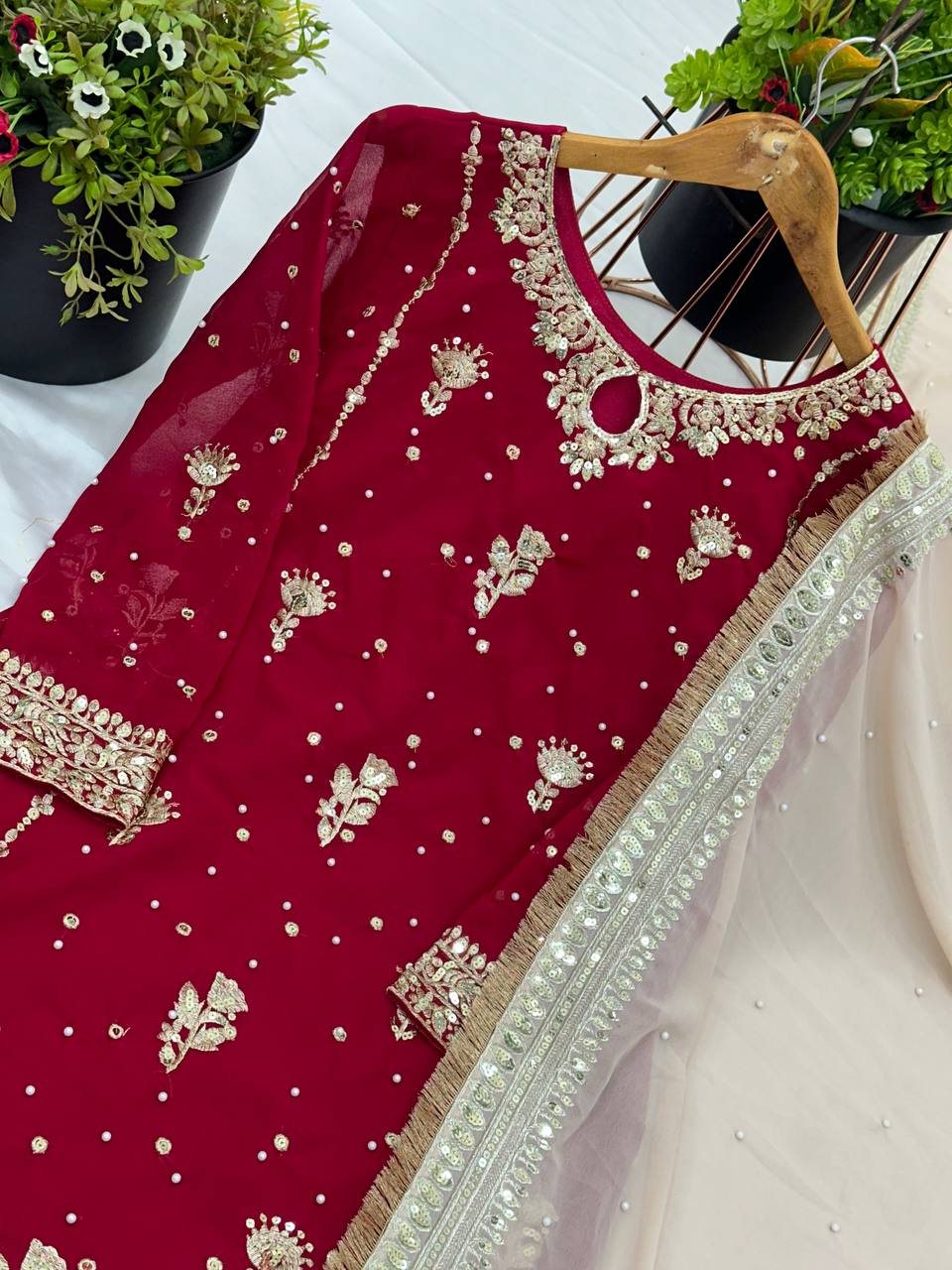 Designer Embroidered Suit Set for Women with Net Dupatta & Potli KFSR-1665