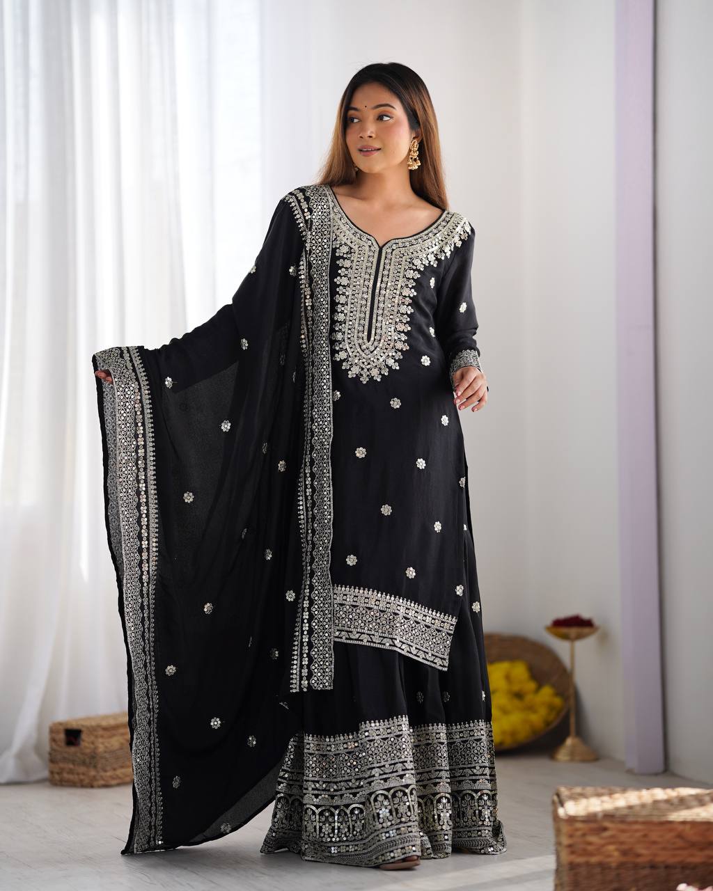 Elegant Black Embroidered Chinon Sharara Set with Dupatta KFN-800