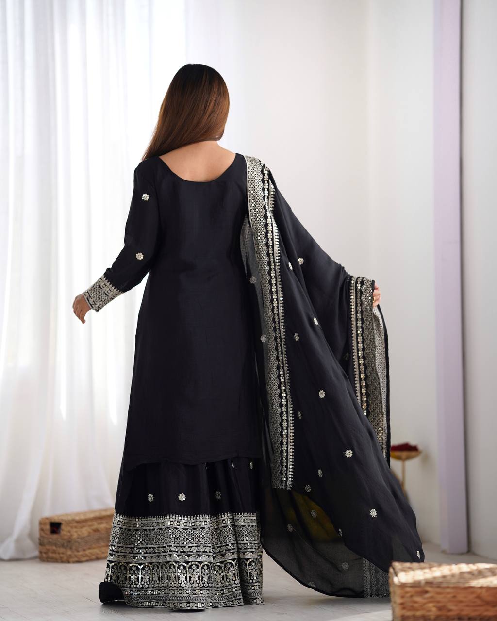 Elegant Black Embroidered Chinon Sharara Set with Dupatta KFN-800