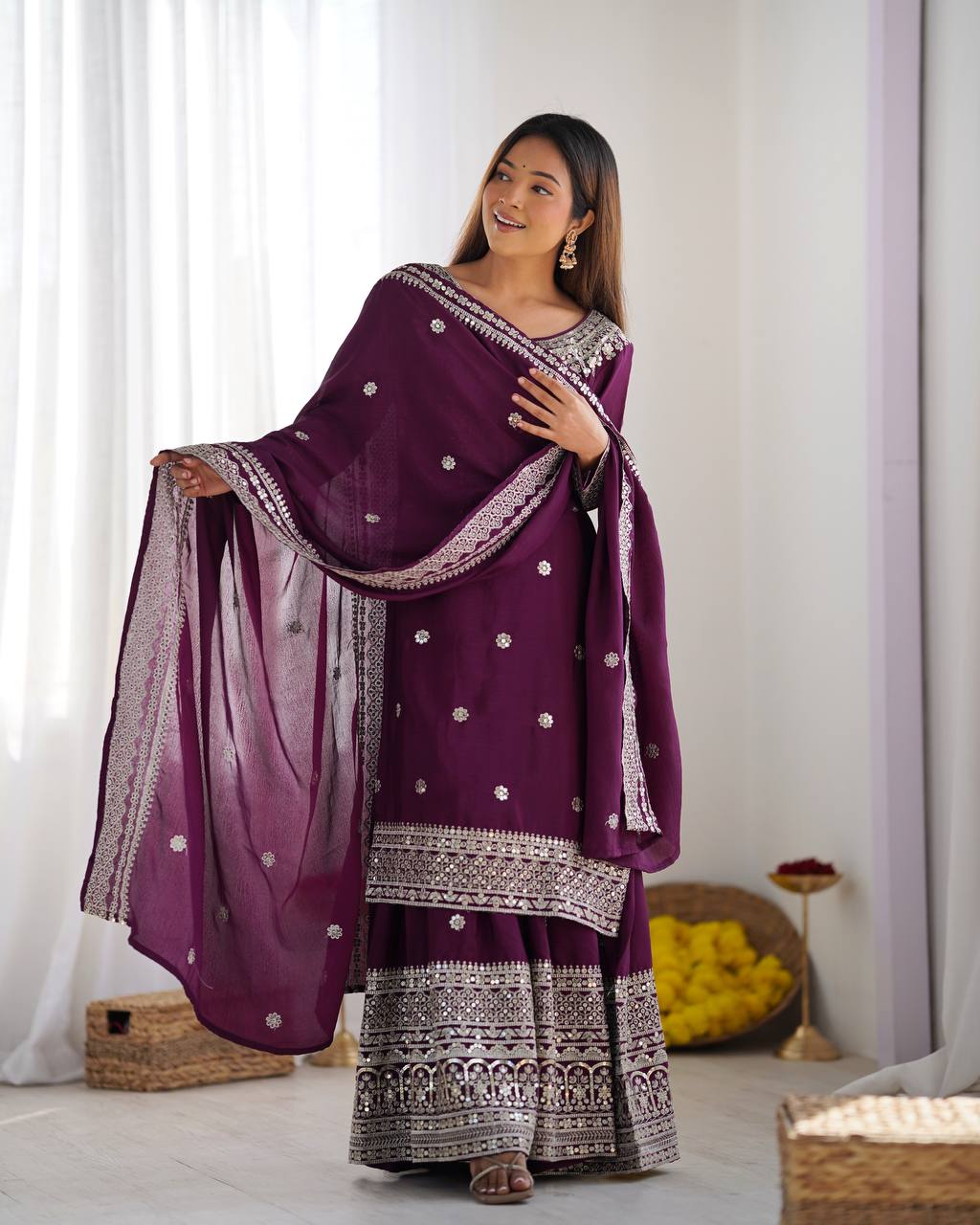Elegant Black Embroidered Chinon Sharara Set with Dupatta KFN-800