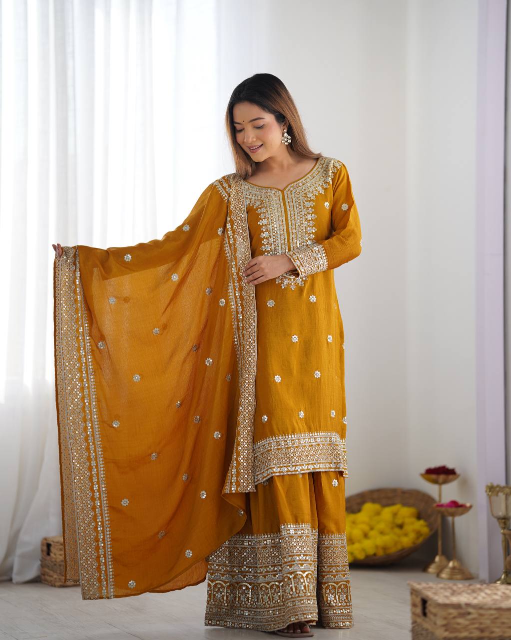 Elegant Black Embroidered Chinon Sharara Set with Dupatta KFN-800
