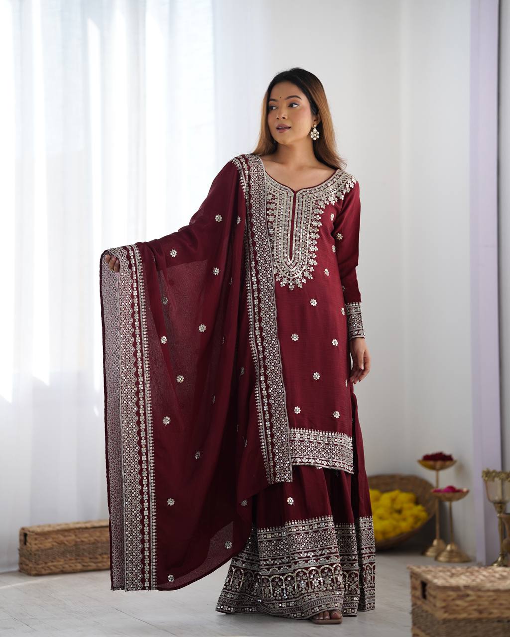 Elegant Black Embroidered Chinon Sharara Set with Dupatta KFN-800