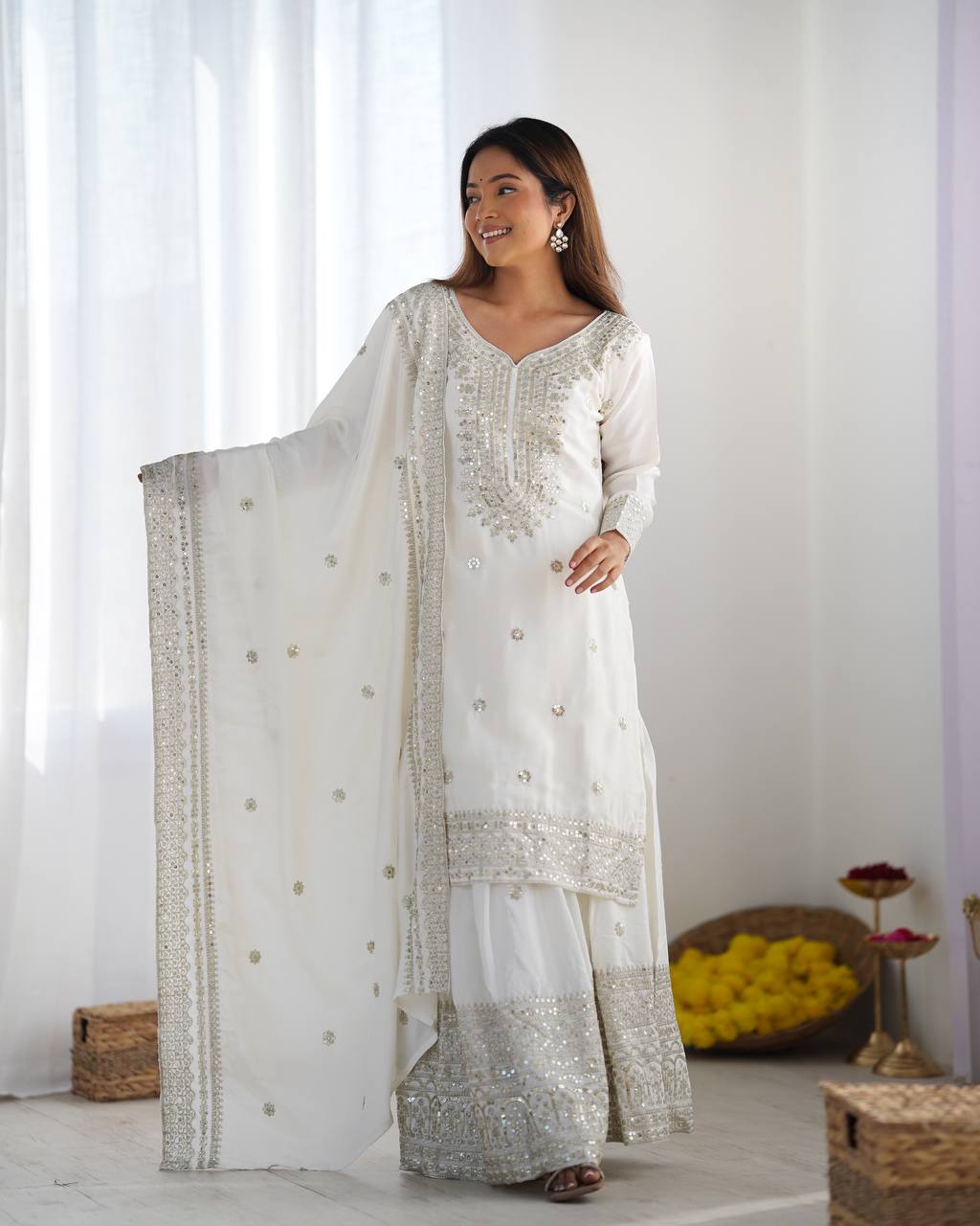 Elegant Black Embroidered Chinon Sharara Set with Dupatta KFN-800