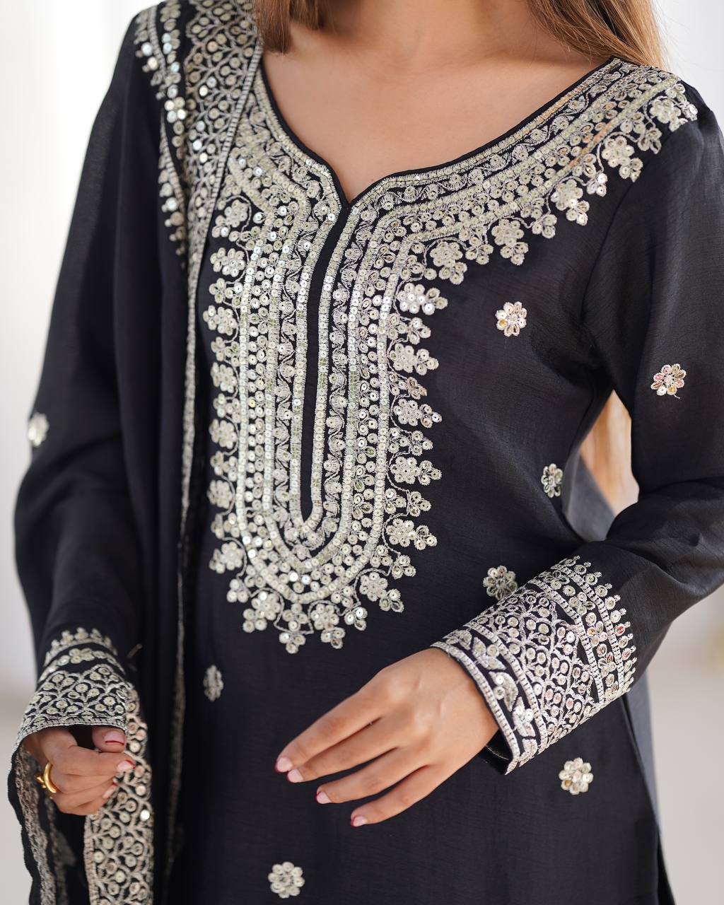 Elegant Black Embroidered Chinon Sharara Set with Dupatta KFN-800