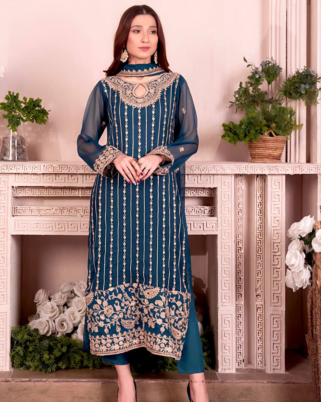 Premium Teal Blue Georgette Embroidered Suit Set for Women KFN-843