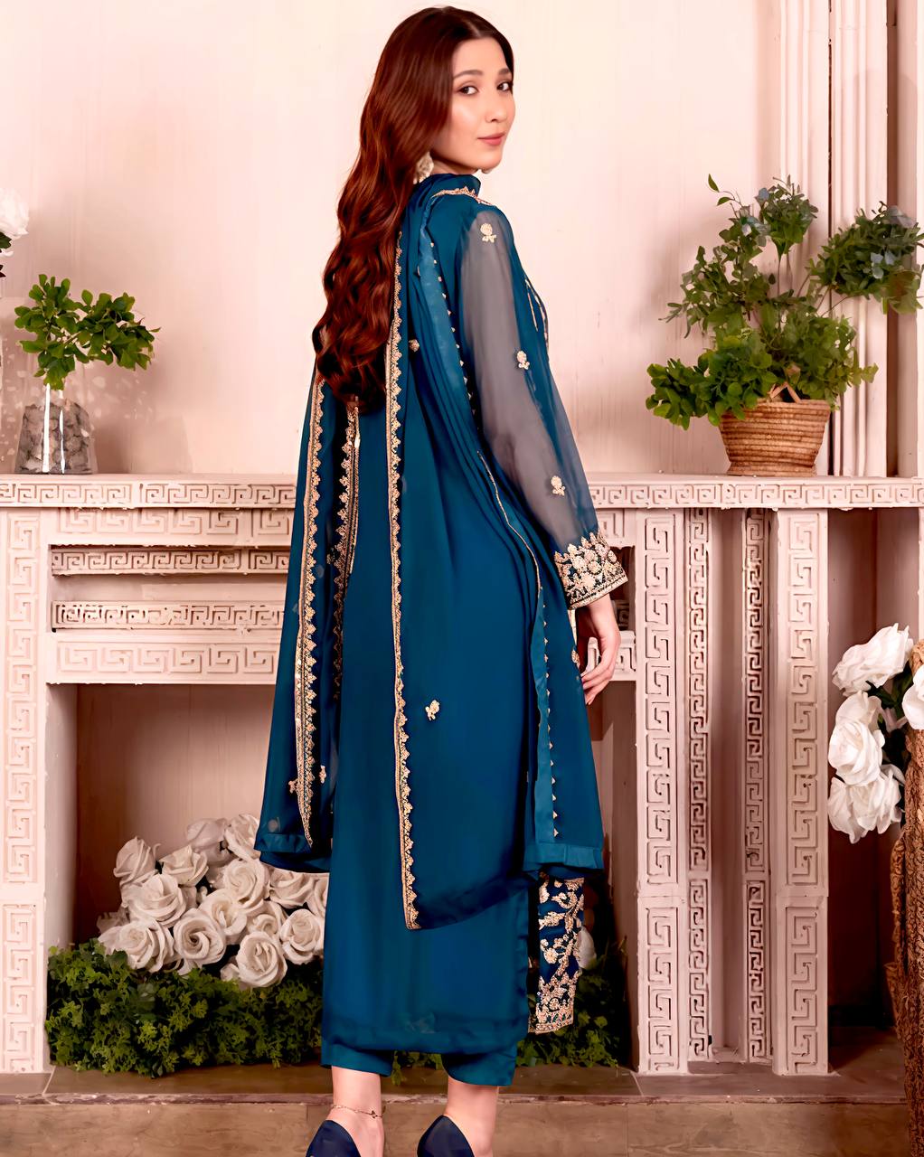 Premium Teal Blue Georgette Embroidered Suit Set for Women KFN-843
