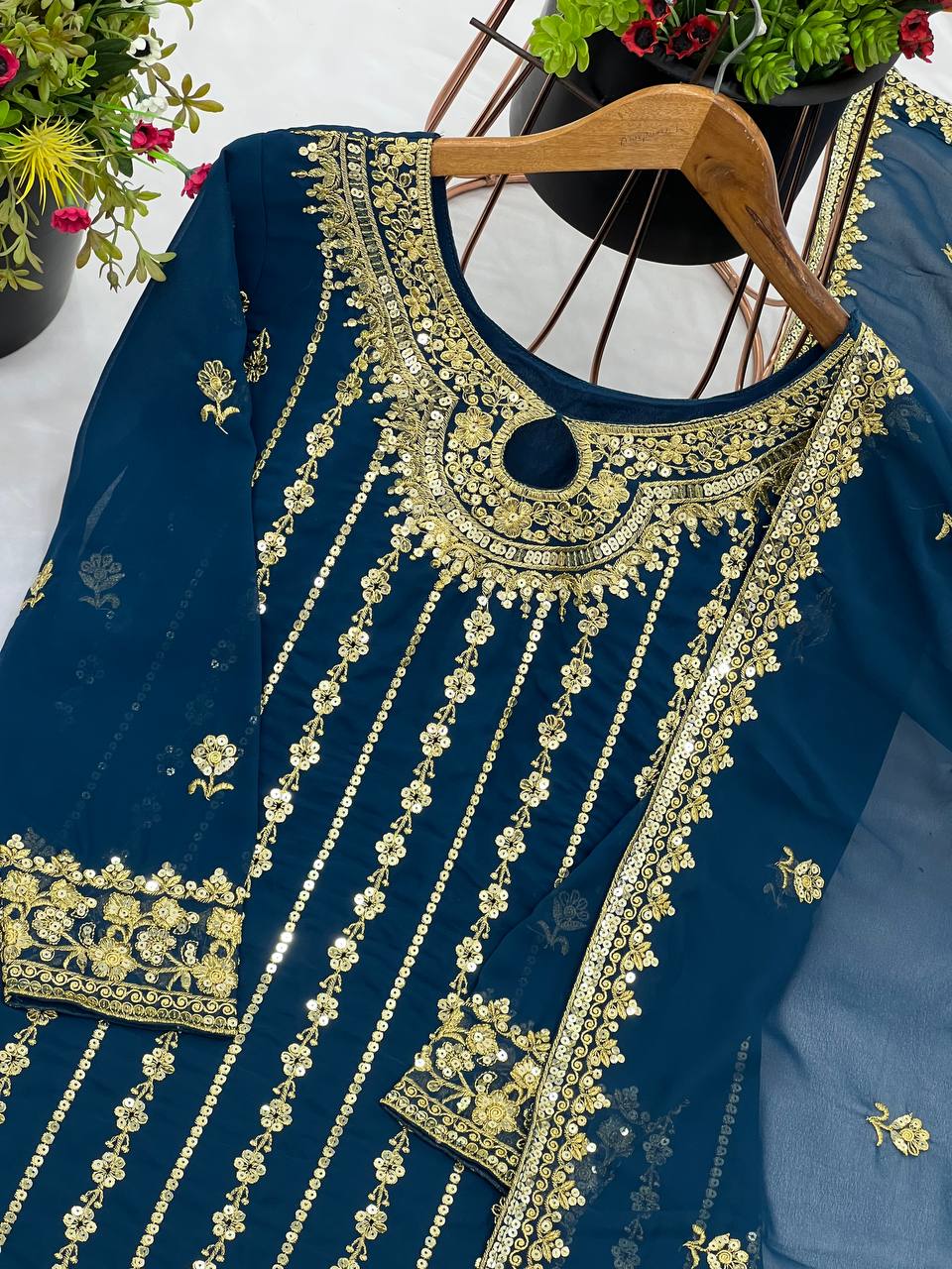 Premium Teal Blue Georgette Embroidered Suit Set for Women KFN-843
