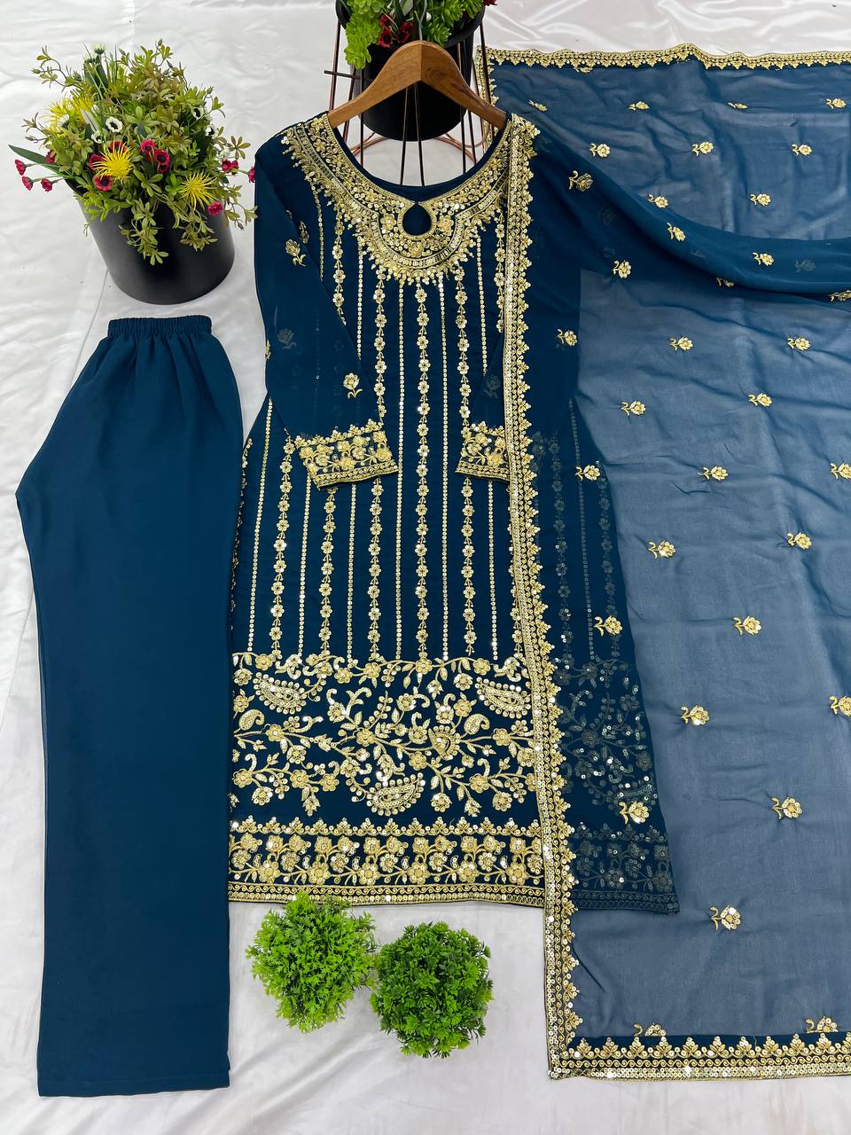 Premium Teal Blue Georgette Embroidered Suit Set for Women KFN-843