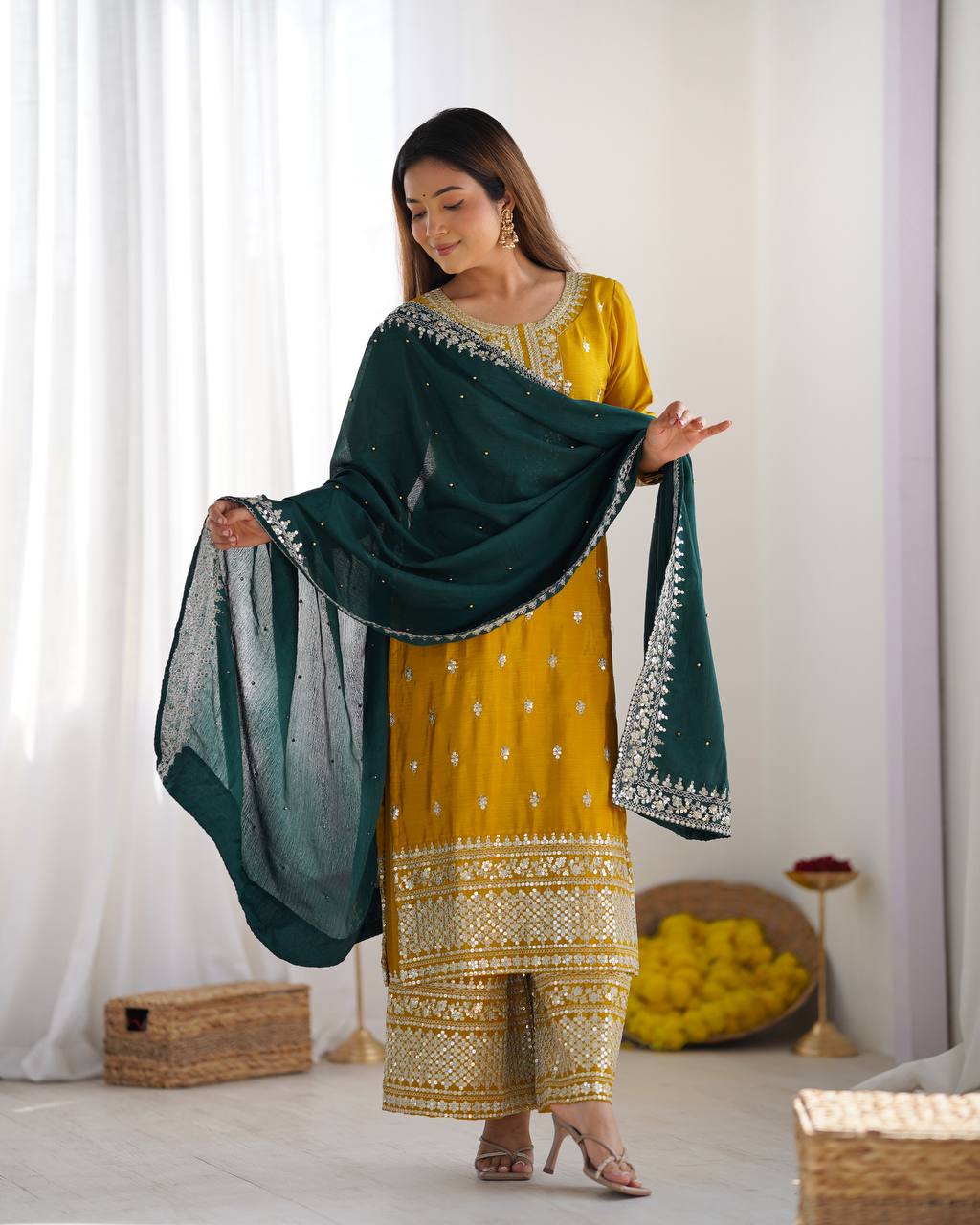 Teal Blue Embroidered Straight Suit Set with Red Dupatta KFS-5140