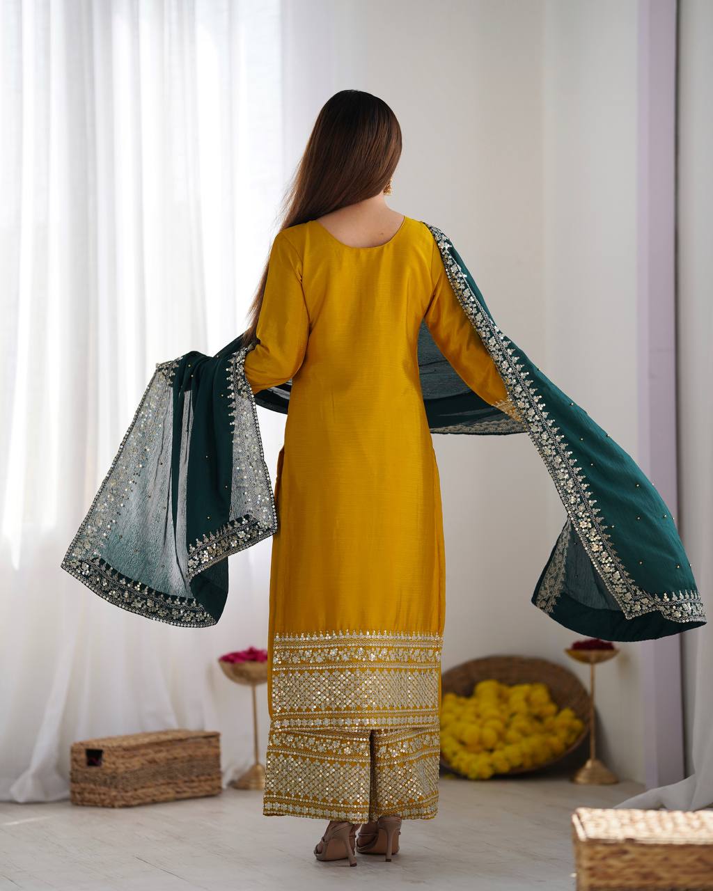 Teal Blue Embroidered Straight Suit Set with Red Dupatta KFS-5140