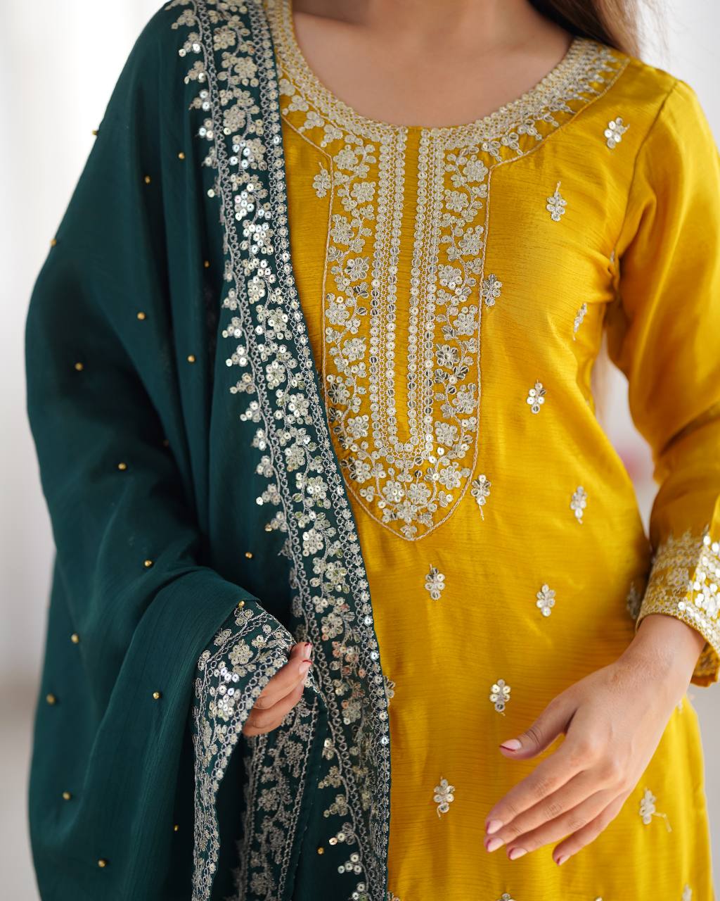 Teal Blue Embroidered Straight Suit Set with Red Dupatta KFS-5140