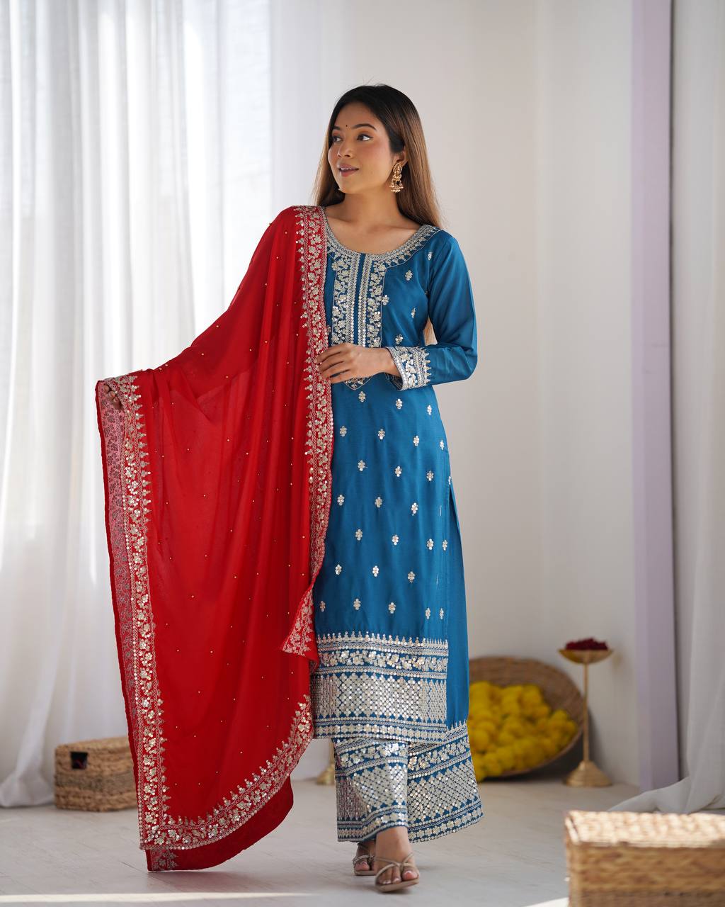 Teal Blue Embroidered Straight Suit Set with Red Dupatta KFS-5140