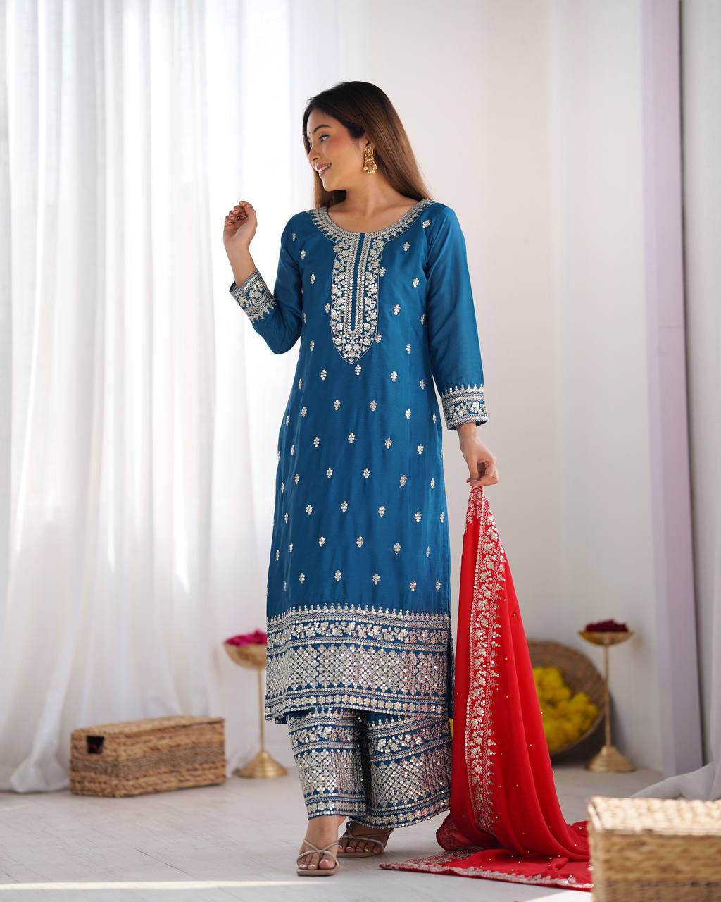 Teal Blue Embroidered Straight Suit Set with Red Dupatta KFS-5140