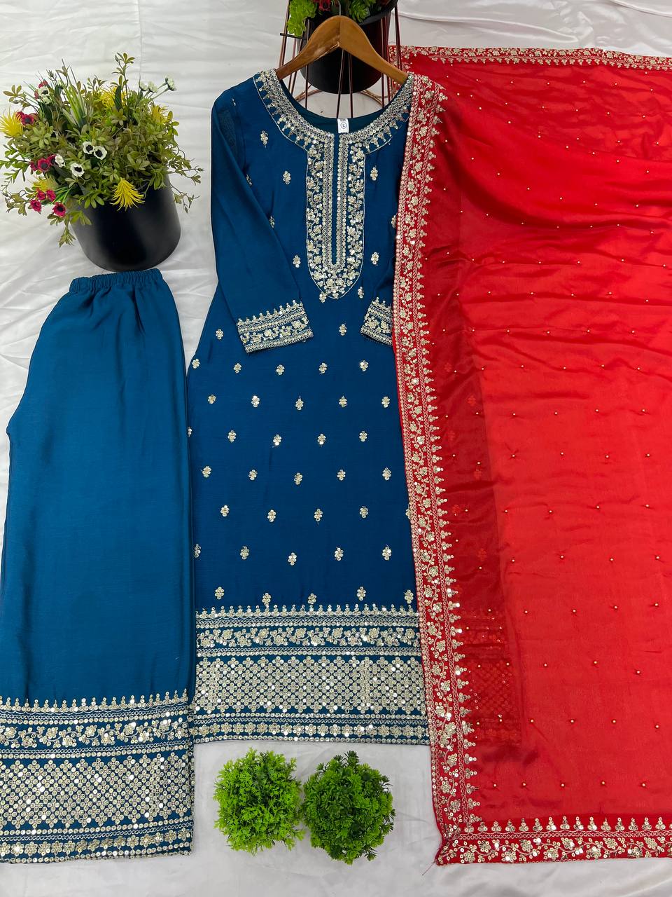 Teal Blue Embroidered Straight Suit Set with Red Dupatta KFS-5140
