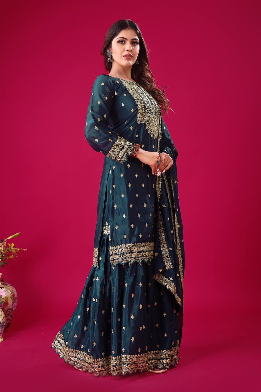 Women's Teal Embroidered Sharara Suit Set – Festive & Wedding Party Wear KFZ-5006