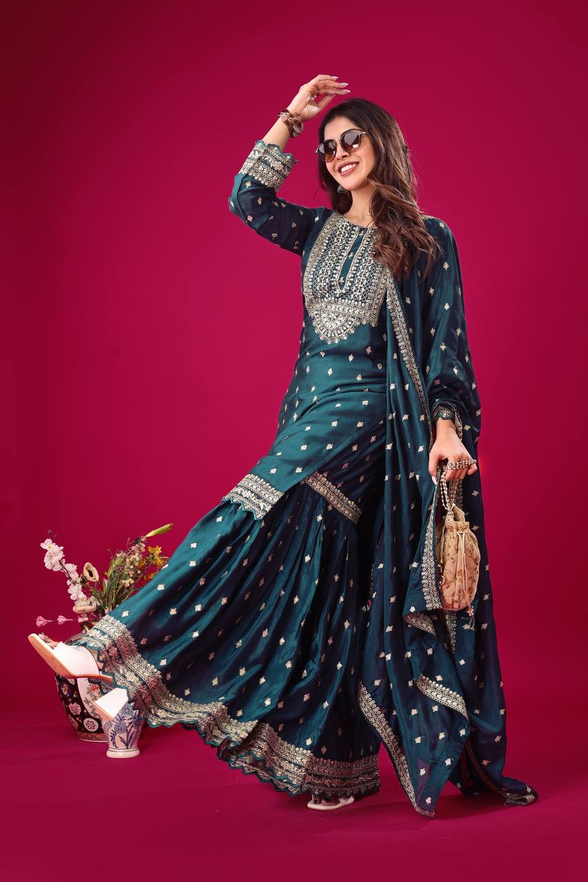 Women's Teal Embroidered Sharara Suit Set – Festive & Wedding Party Wear KFZ-5006