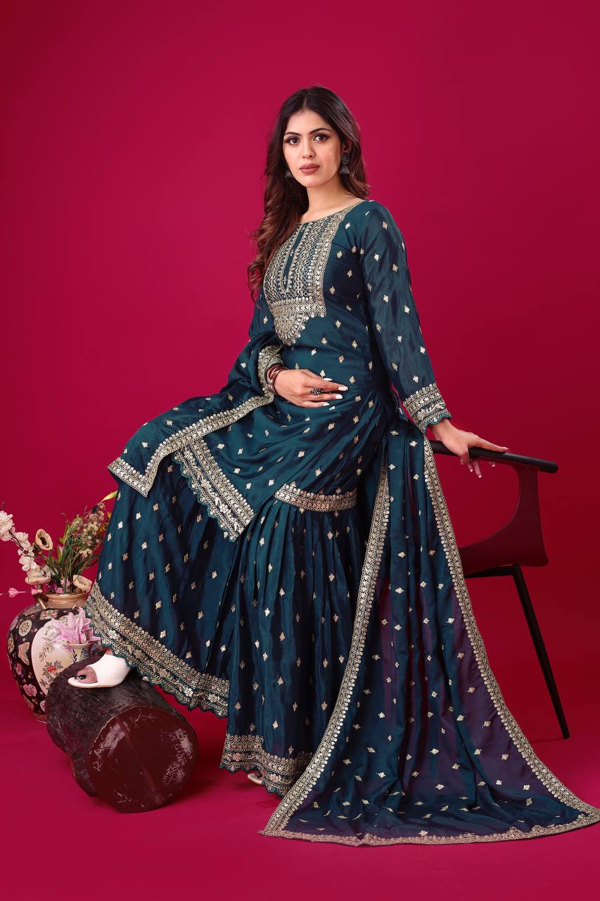 Women's Teal Embroidered Sharara Suit Set – Festive & Wedding Party Wear KFZ-5006