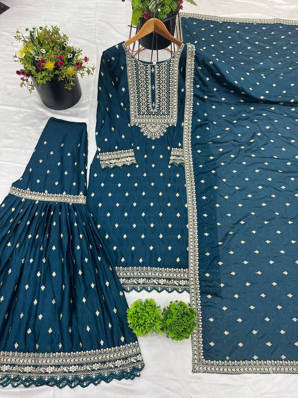 Women's Teal Embroidered Sharara Suit Set – Festive & Wedding Party Wear KFZ-5006