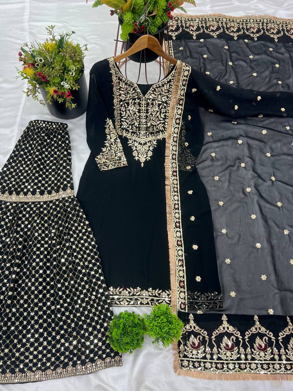 Black Velvet Embroidered Sharara Set KFS-510