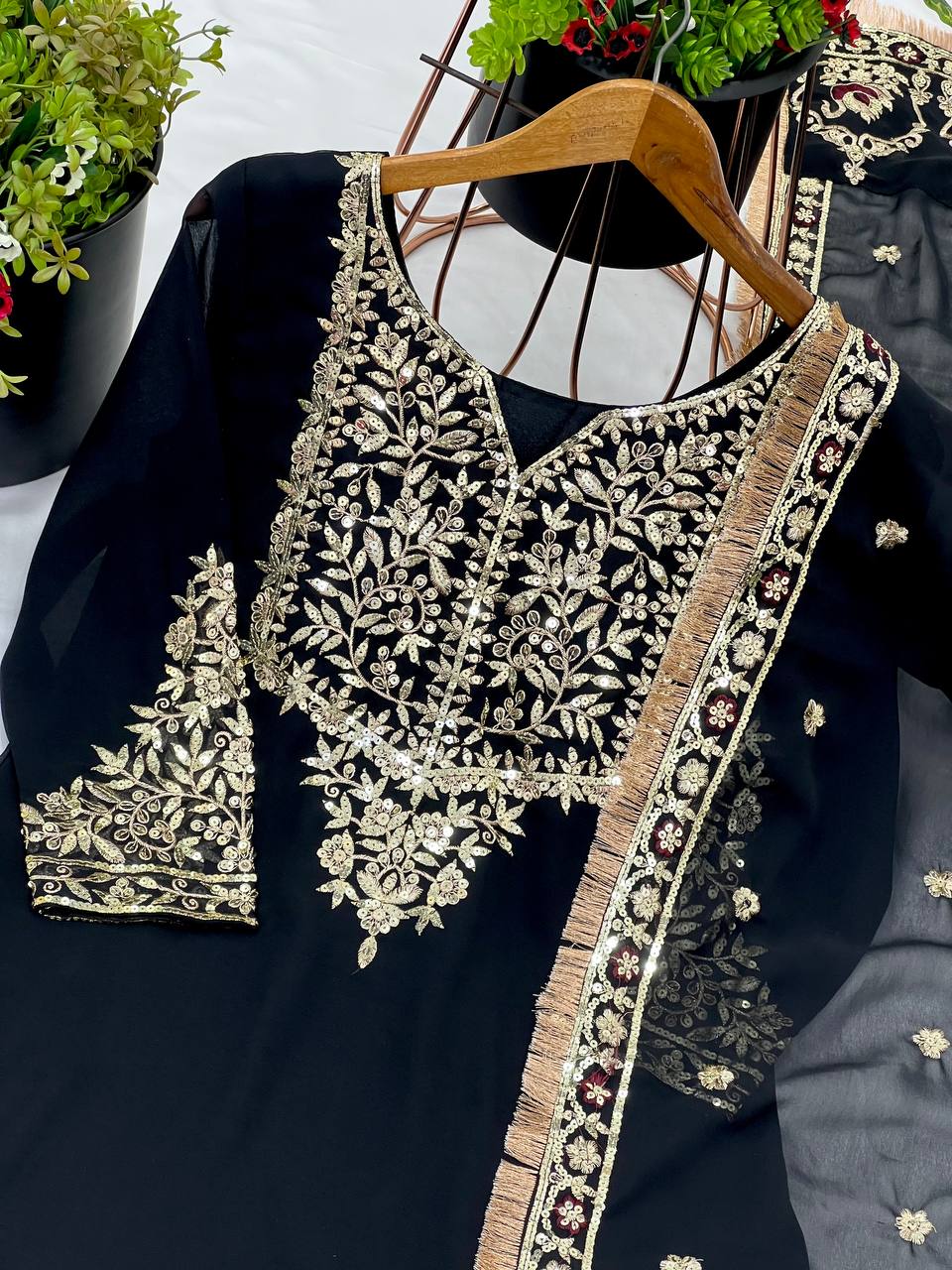 Black Velvet Embroidered Sharara Set KFS-510