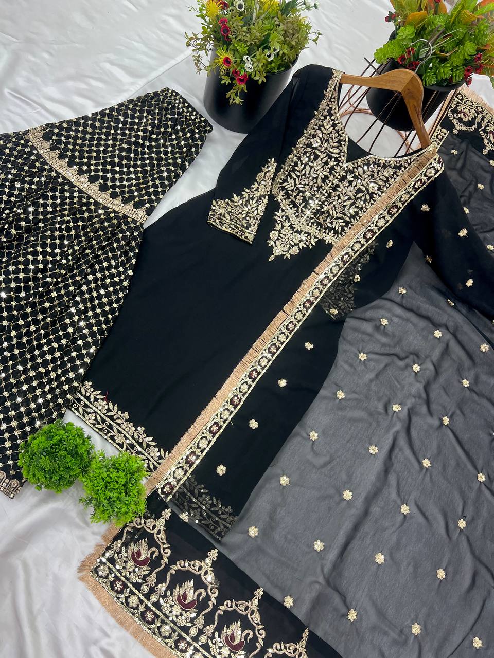 Black Velvet Embroidered Sharara Set KFS-510
